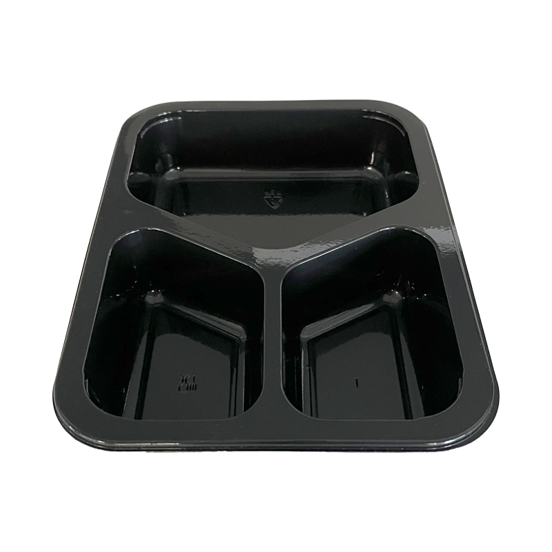 Model 006 - 27 oz. Rectangle 3 Compartment Black CPET Tray 