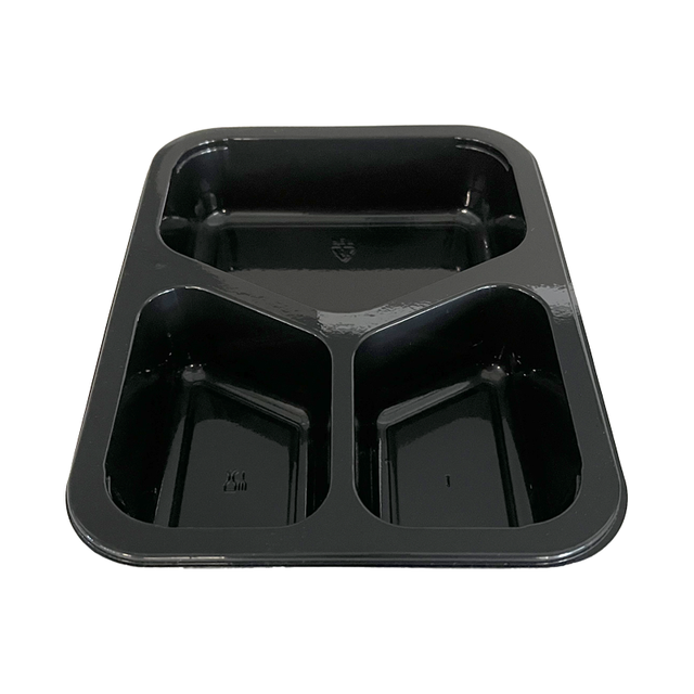 Model 017 - 25 oz Rectangle 3 Compartment Black CPET Tray