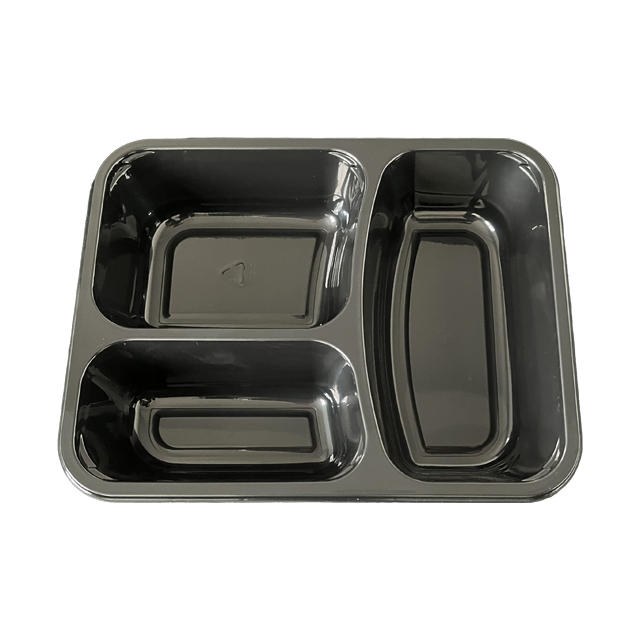 Model 005 - 34 oz. Rectangle 3 Compartment Black CPET Tray 