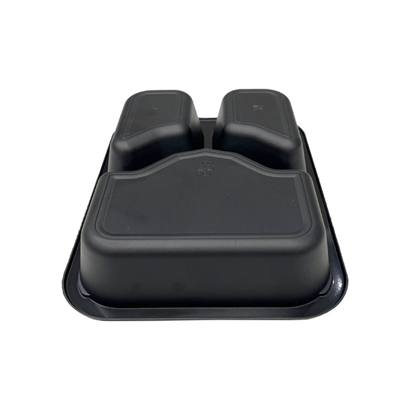Model HS09 - 22 oz Rectangle 3 Compartment Black CPET Tray