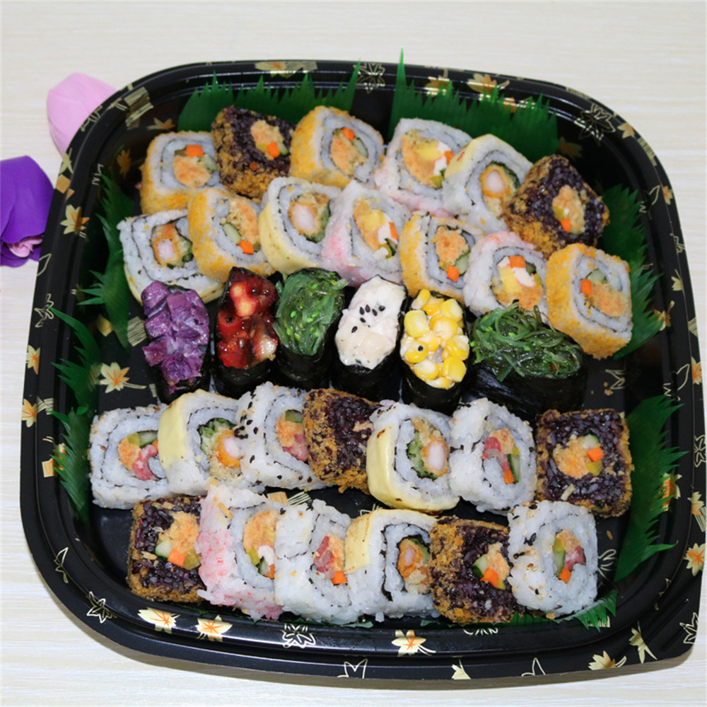 Disposable Food Blister PS Sushi Tray, Square Black Plastic PS Sushi Container with Clear Lid