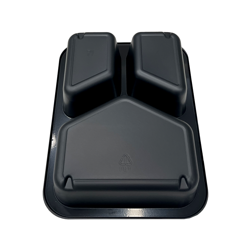Model 008 - 25 oz. Rectangle 3 Compartment Black CPET Tray (Y)