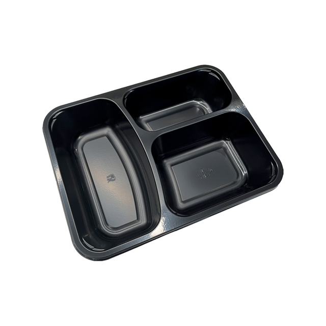 Model 005 - 34 oz. Rectangle 3 Compartment Black CPET Tray 
