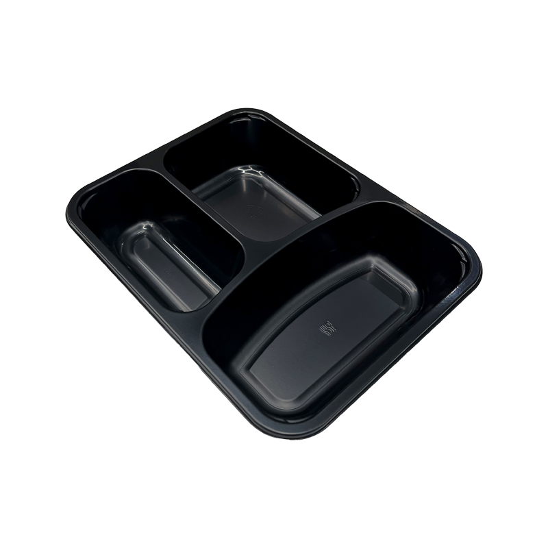 Model 005 - 34 oz. Rectangle 3 Compartment Black CPET Tray 